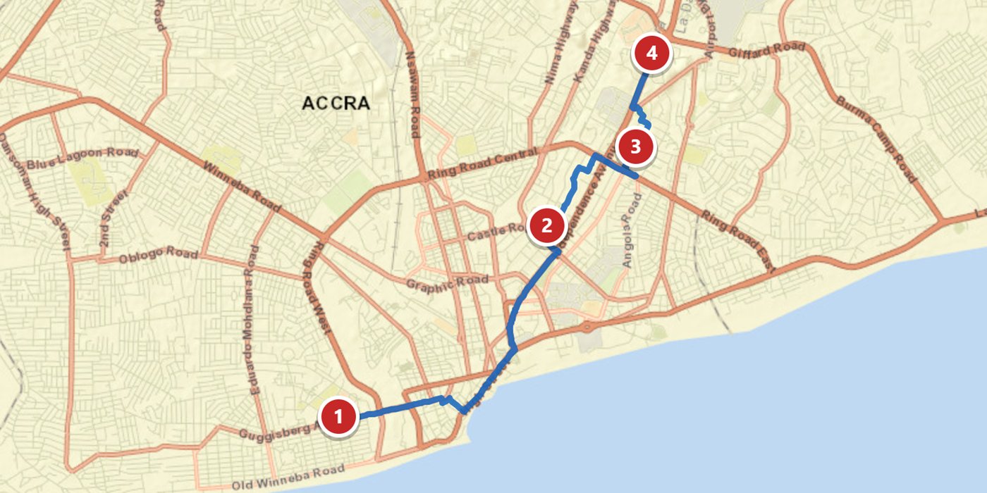 Map of Accra showing today's route with four numbered customer stops
